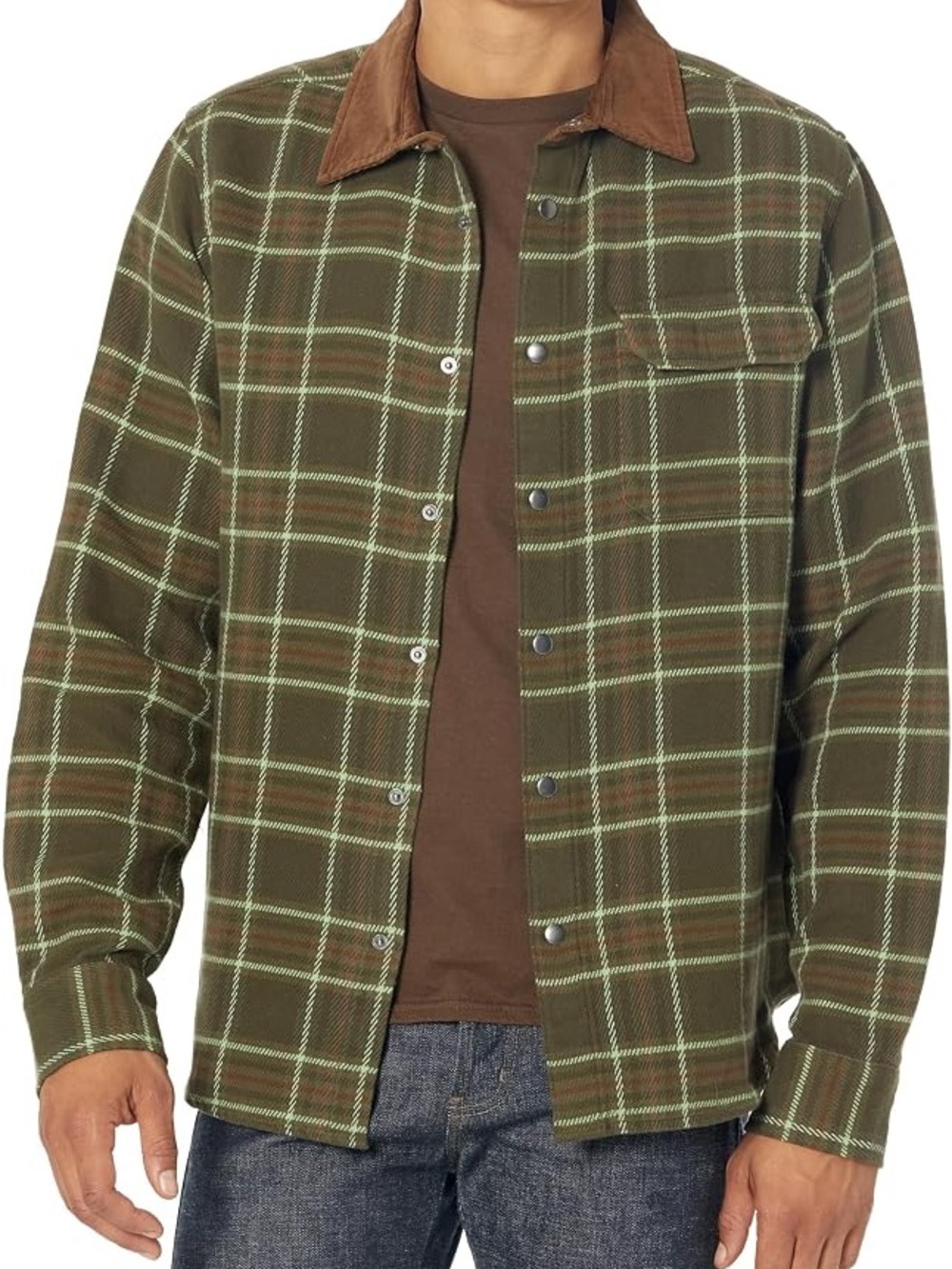 Oakley Mens cozy bear flannel 2.0 Green Plaid Snap-Front with Brown Collar - Picture 1 of 6